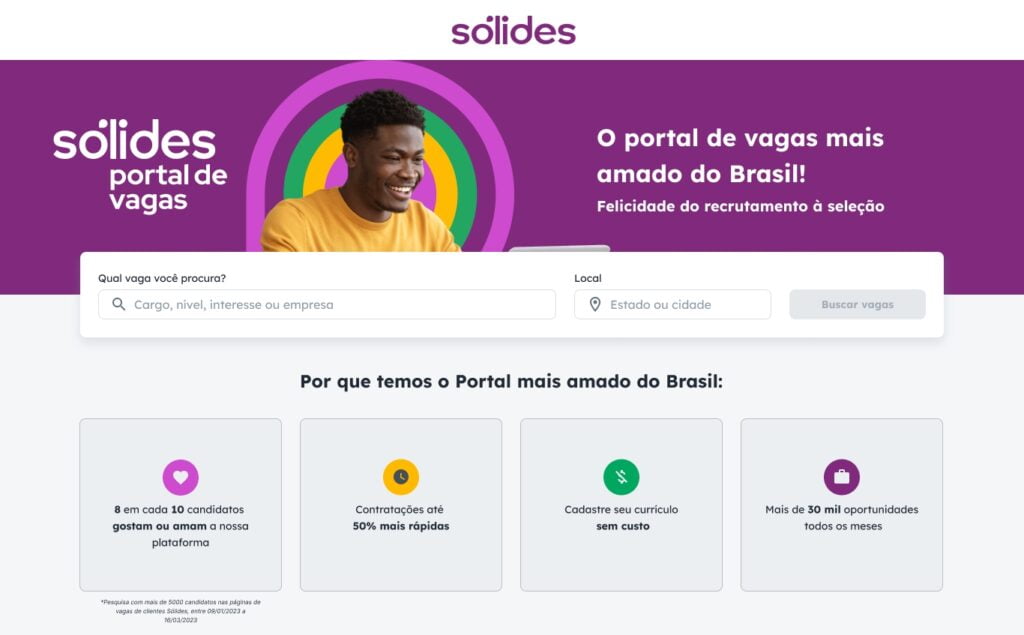 Divulgação / Sólides Home do novo Portal de Vagas da Sólides