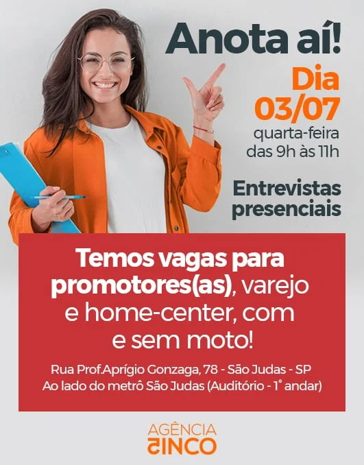 Agência Cinco contratando Promotores(as). Imagem: Divulgação