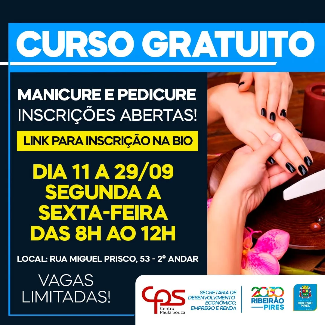 Curso gratuito de manicure e pedicure com inscrições abertas