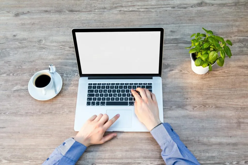 Vagas de Emprego Remoto A comforting workspace with a laptop, coffee cup, and potted plant on a wooden desk.